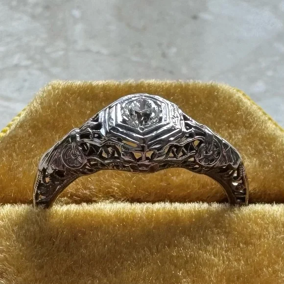 Antique Filigree 14k White Gold Old Mine Cut Diamond Engagement Ring - Picture 15 of 16